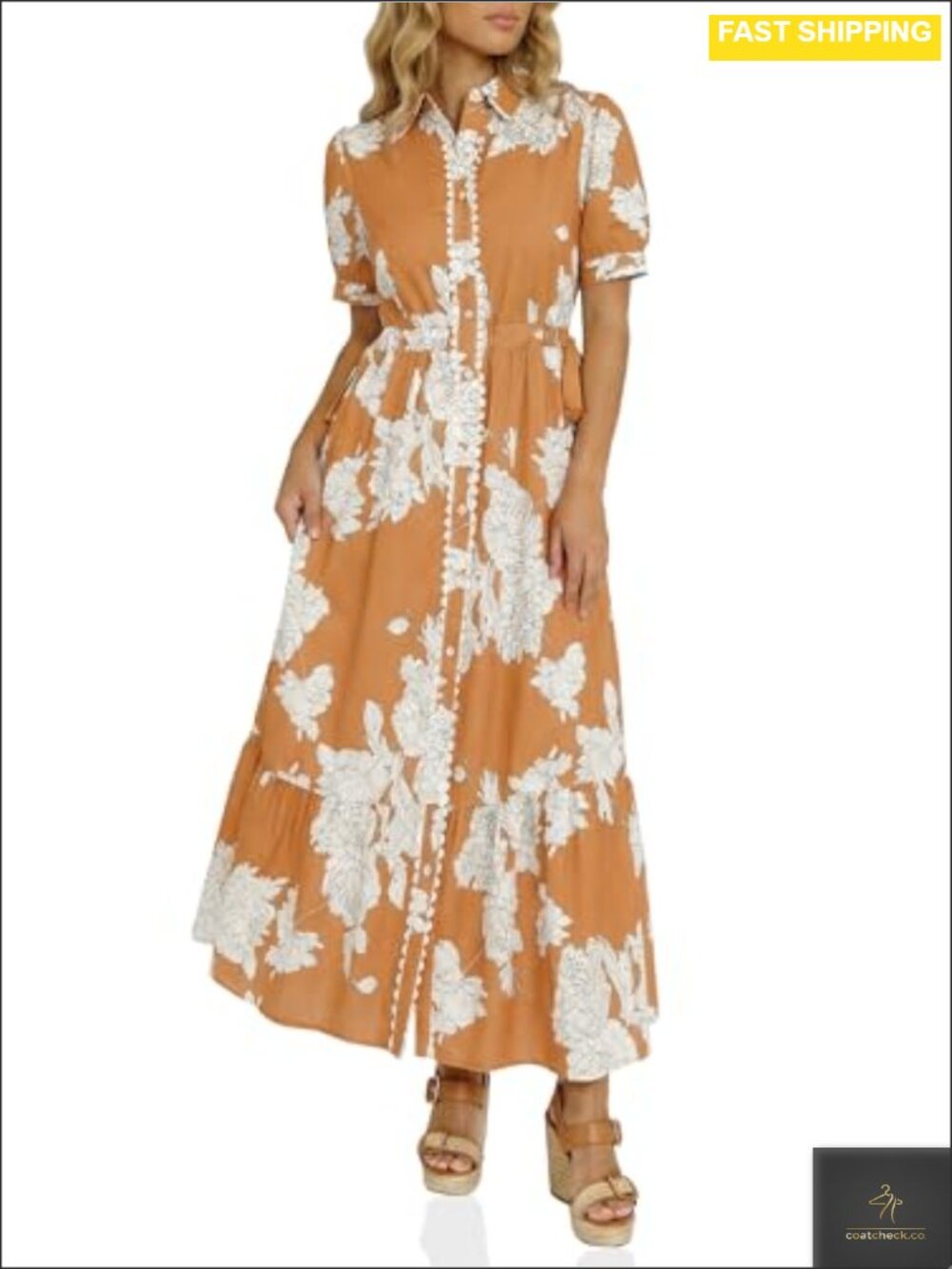 Womens Floral Maxi Shirt Dress Short Sleeve Button Front Boho Drawstring Waist